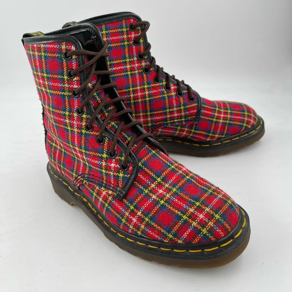 Vintage 80’s Dr Martens Tartan Textile Double Stitched Boots Made England Size 7 - Picture 1 of 16